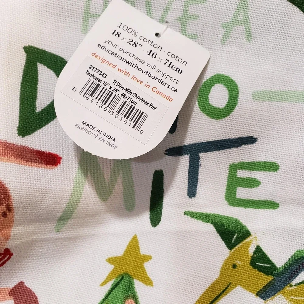 Danica Jubilee DINO-MITE‎ CHRISTMAS Dishtowel Tea Towel 100% Cotton 18x28 NEW
